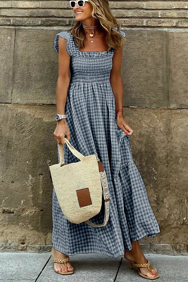Mona - Charmante kariert Maxikleid mit geraffter Taille