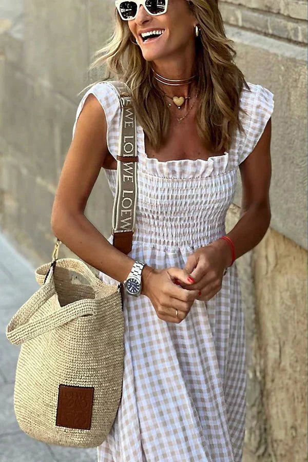 Mona - Charmante kariert Maxikleid mit geraffter Taille