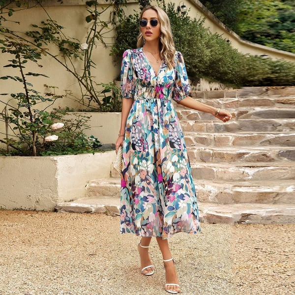 Simone | Elegantes bedrucktes Kleid mit V-Ausschnitt