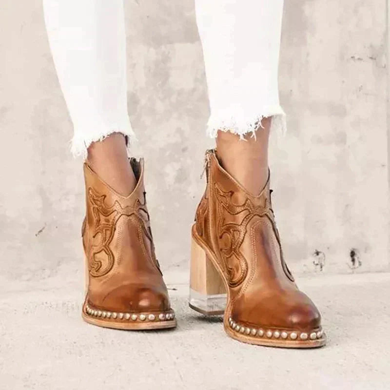 Edna – Bestickte Stiefel mit Blockabsatz und seitlichem Reißverschluss