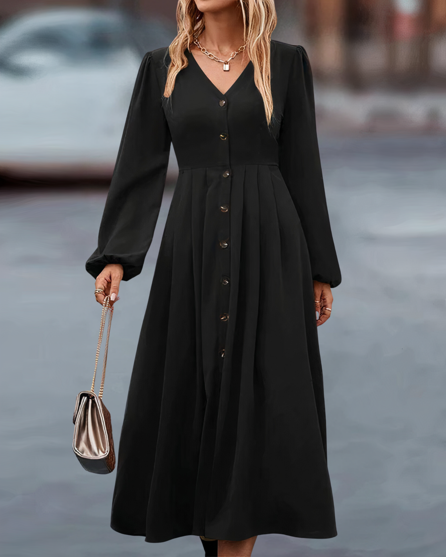 Noreen - Elegantes und schmeichelhaftes V-Ausschnitt Knopf Langkleid