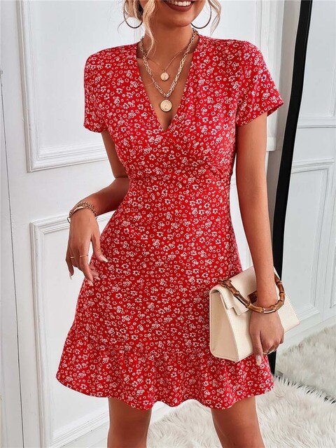 Therese – Elegante Mini-V-Ausschnitt Boho-Kleid mit Blumenmuster