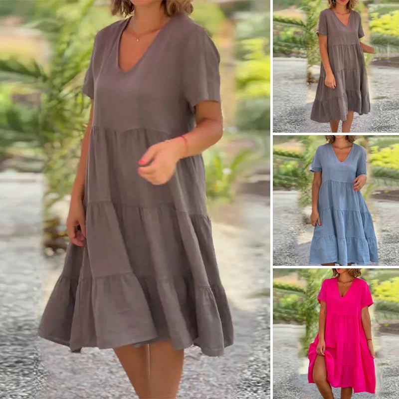 Leinen V-Ausschnitt Midikleid für Damen