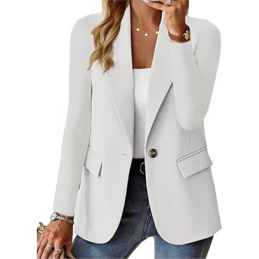 Lässiger Damenblazer mit langen Ärmeln und schmalen Taschen mit Schnalle