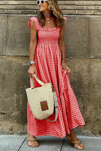 Mona - Charmante kariert Maxikleid mit geraffter Taille
