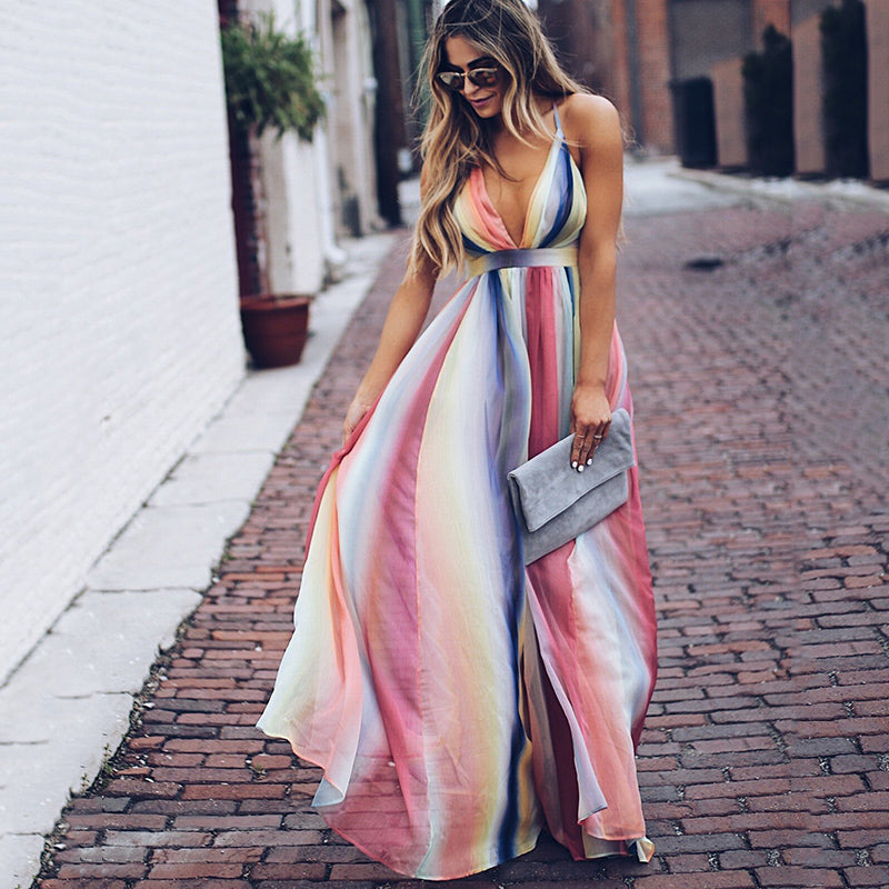 Damen V Ausschnitt Mehrfarbig Gestreift Kleid | Maxi