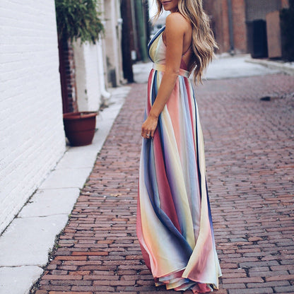 Damen V Ausschnitt Mehrfarbig Gestreift Kleid | Maxi