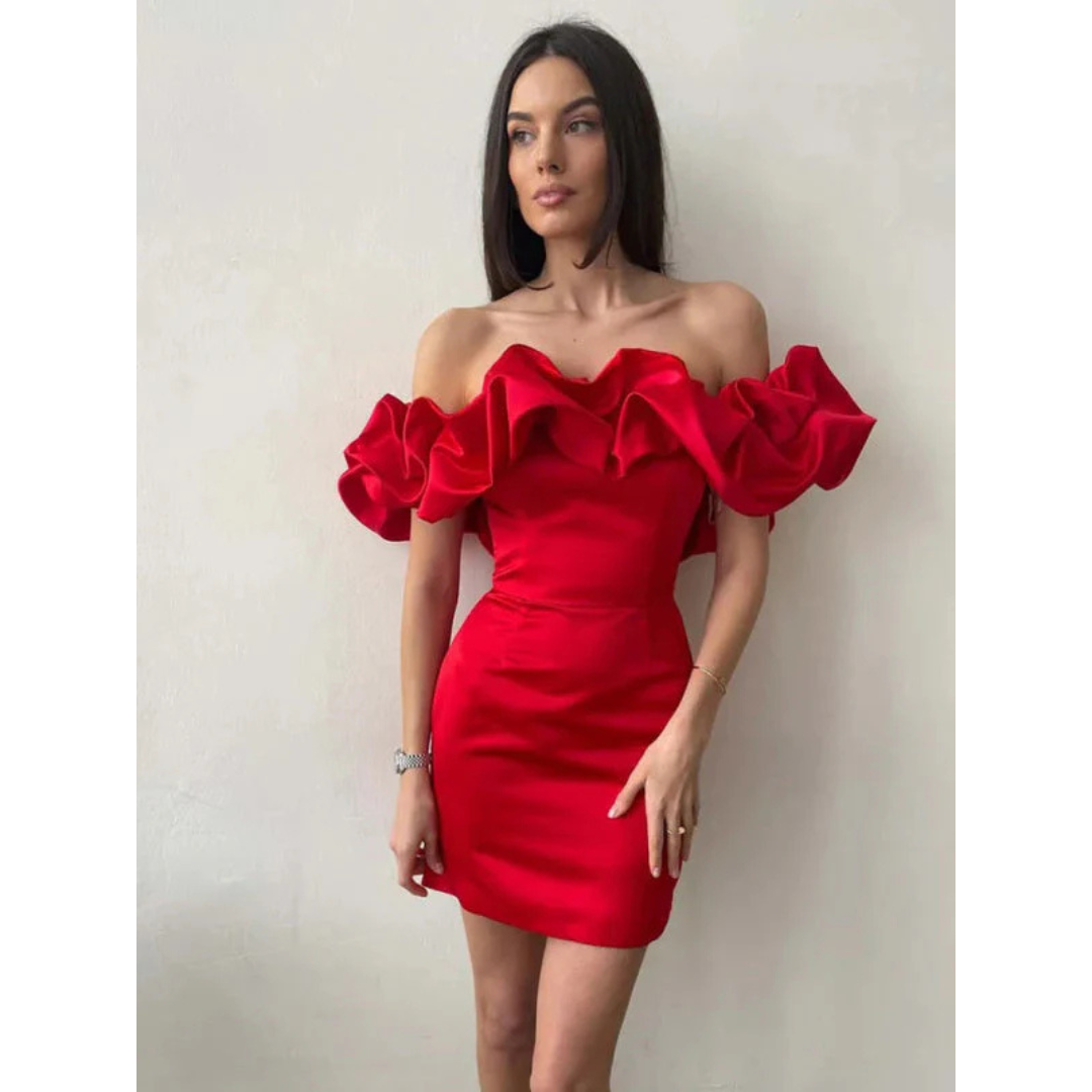 Damen Gerüscht Schulterfrei Kleid | Mini
