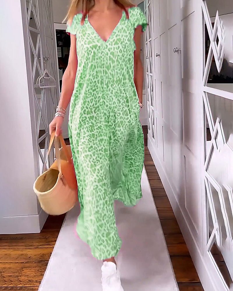 Leopardenmuster-V-Ausschnitt-Kleid für Damen