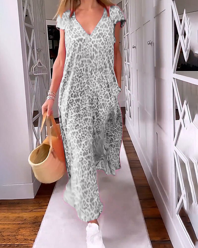 Leopardenmuster-V-Ausschnitt-Kleid für Damen