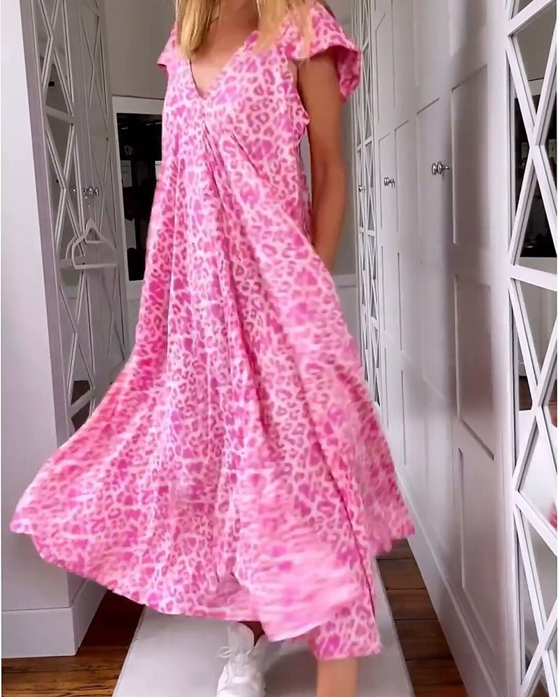 Leopardenmuster-V-Ausschnitt-Kleid für Damen