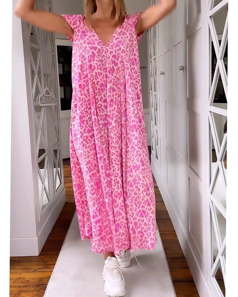 Leopardenmuster-V-Ausschnitt-Kleid für Damen