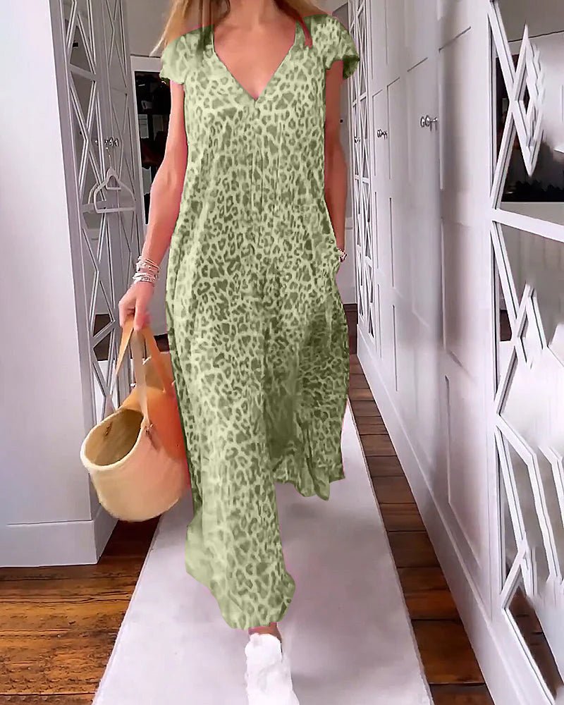 Leopardenmuster-V-Ausschnitt-Kleid für Damen