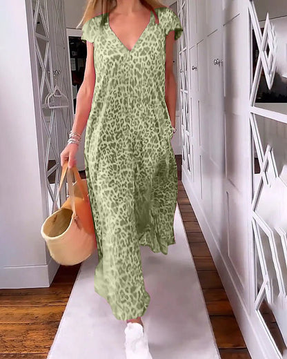 Leopardenmuster-V-Ausschnitt-Kleid für Damen